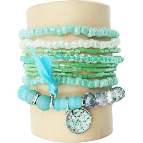 Hanjing 9pcs /set 2019 Bohe Charm Multicolor Glass Rice Bead Crystal Beads Friendship Ribbon Tree Of Life Bead Bracelet Women