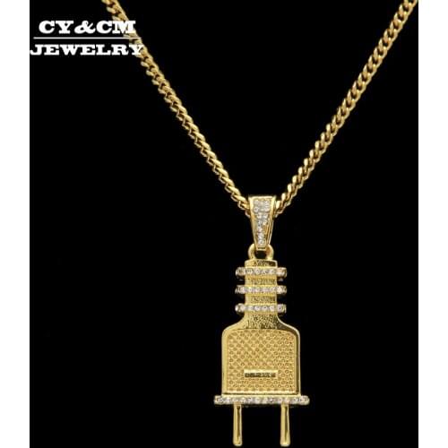 CY&CM Men Hip hop Pendant Iced Out Bling Rhinestone Crystal Gold Silver Color Plug Pendant Necklace Cuban Chain Punk Jewelry