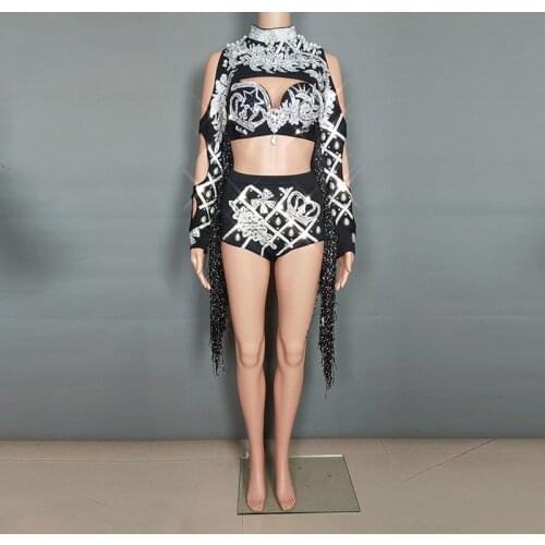 D91 Party singer stage wears dance costumes dj dress tassels bikini sexy female bodysuit perfor jumpsuit crystals outfits clothe