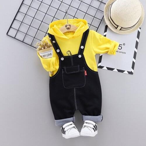 Toddler Boys Clothes 2019 Autumn Winter Two Pieces Suits for Kids Dinosaur Hooded Shirts +overalls Jeans Children Clothing Sets