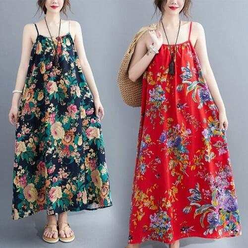 Elegant Floral Print Cotton Linen Maxi Dress Summer Sleeveless Spaghetti Strap Party Dress Fashion Women Bohemian Beach Dress