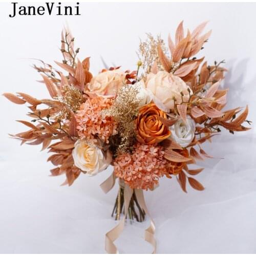 JaneVini Elegant Light Orange Bridal Bouquets Wedding Artificial Flowers Roses Hydrangea Real Touch Charming Silk Bouquet 2021