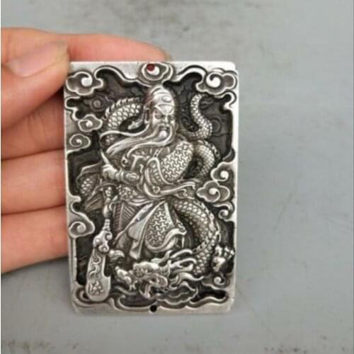 Collection Tibetan silver hand carved Riding dragon guan gong amulet pendant