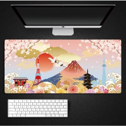 Cherry Blossom Flower,Mount Fuji Waves Mouse Pad Large Pink Sakura Mousepad Gaming Accessories Keyboard Carpet Floral Desk Mat