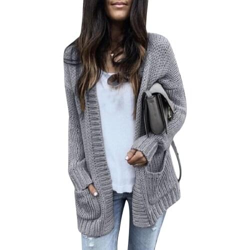 Autumn Winter Women Solid Color Long Sleeve Knitted Cardigan Sweater Jacket