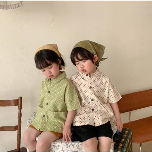 2021 new girls boys dots shirt cotton linen summer short sleeve kids top