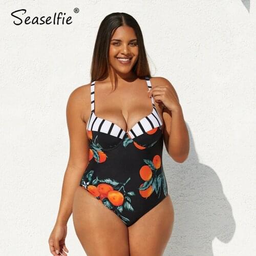 SEASELFIE Plus Size Underwire Push Up Print One Piece Swimsuit Women Large Size Monokini Bathing Suit 2021 New Beach Swimwear