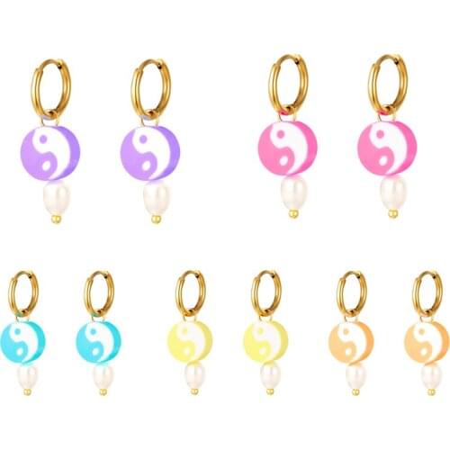 Aide Cute Bright Candy Color Yin Yang Pattern Round Charm Dangle Earrings Pink Blue Yellow Pendants Pearl Beads Drop Earrings