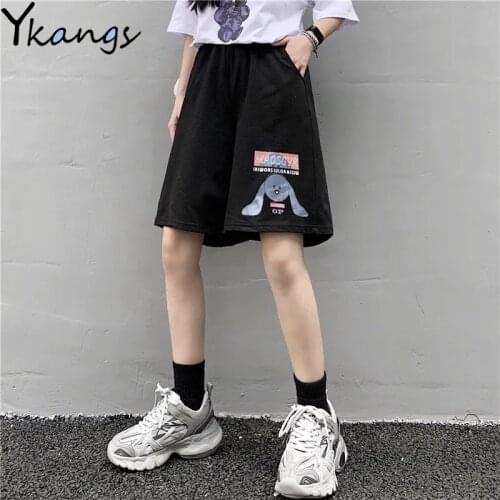 Cartoon Print High Waist Goth Home Running Black Shorts Female Loose Sport Korean Style Ulzzang Fitness Summer 2021 Women Shorts