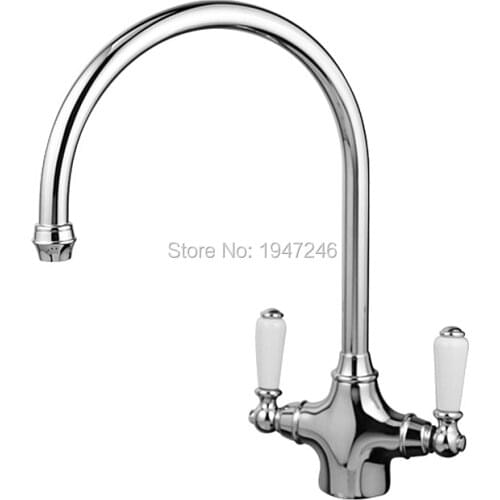 Traditional Style 100% Solid Brass Dual Twin Ceramic White Lever Chrome Kitchen Sink Mixer Tap Monobloc Faucet High Quality
