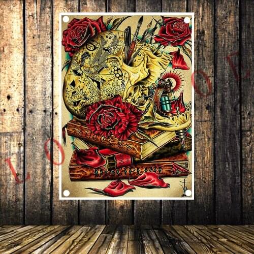 Skull Rose Vintage Banners Flag 4 Gromments in Corners Canvas Painting American Neo Traditional Tattoo Gun Art Poster Tapestry
