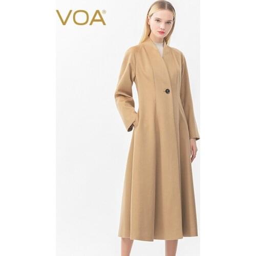 VOA Pure Small Cashmere 14.75 Micron Kimono Collar Raglan Long Sleeve One Button Pocket Skirt Swing Cashmere Coat S751