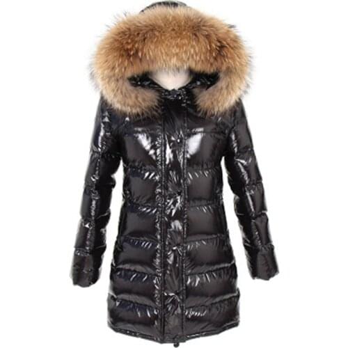2021 New Winter Long White Duck Down Lining Real Raccoon Fur Collar Warm Black Shiny Streetwear Jacket Ladies 267