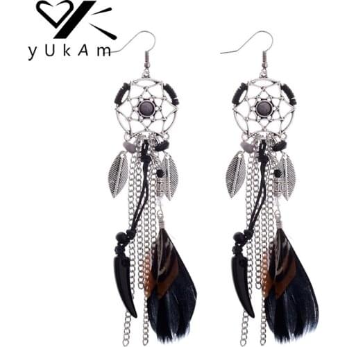 YUKAM Bohemia Ethnic Vintage Leaves Feather Dream Catcher Long Metal Tassel Earrings Dreamcatcher Dangle Drop Earrings for Women