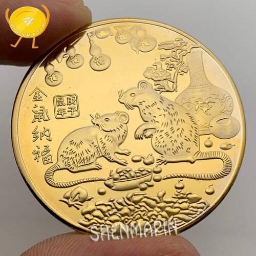 2020 Gold Mouse Sends Blessings Commemorative Coin China Fu Coins Collectibles Zodiac Lucky Rat Coins New Year Christmas Gift