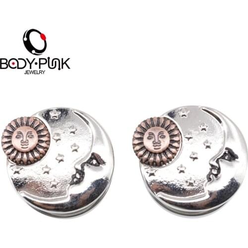 BODY PUNK Moon and Sun Ear Plugs and Tunnels Trendy 2 Pcs Stainless Steel Gauges Expander Body Piercing Jewelry for Ear