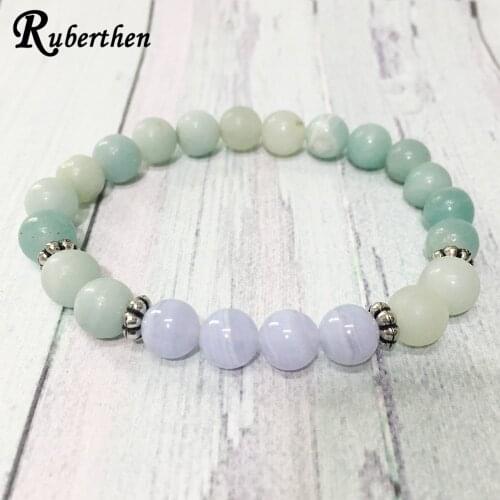 Ruberthen AAA Grand Blue Lace A gate with Amazonite Bracelet Abundance Wrist Mala Bracelet Opening Heart Chakra Jewelry