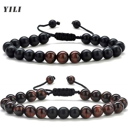 Natural Stone Beads Bracelet Adjustable 8mm Red Tiger Eye Bracelet Braided Rope Black Matte Onyx Stone Beads Bracelets for Men