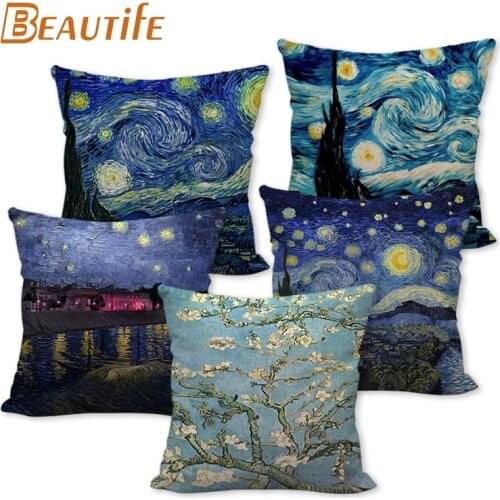 Custom Van Gogh The Starry Night Pillowcase Wedding Decorative Cotton Linen Pillow Case For Home Pillow Cover 45X45cm One Side