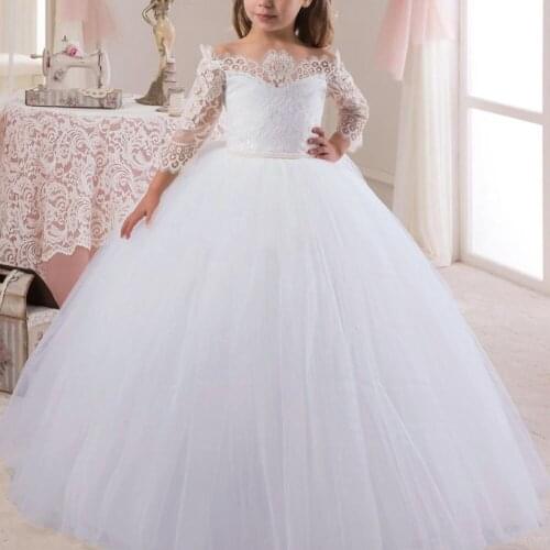 Lace Tulle Ball Gown Princess Dress Elegant Wedding Bridesmaid Dresses for Kids White Prom Dress Girl Birthday Photography Props