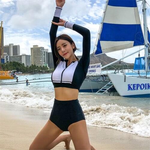 Long Sleeve Rash Guard Women Black Two Piece Swimsuits Zipper High Waist 3 Pieces Surfing Suit Crop Bathing Suit Pad Swimwear