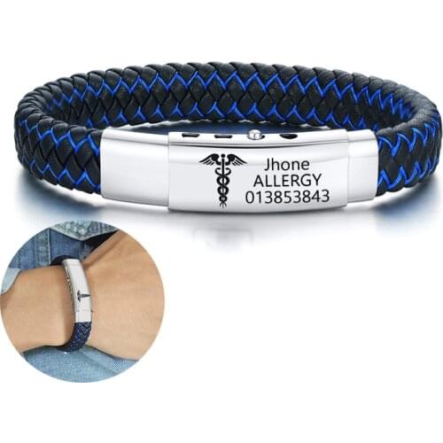 Men Punk Black Blue Braided Leather Bracelet With Medical Alert logo Personalised Name Emergency SOS Jewelry