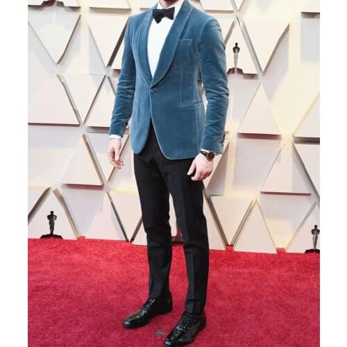 Latest Coat Pant Designs Lake Blue Velvet Shawl Lapel Formal Custom Slim Fit Groom Jacket Wedding Suits For Men 2 Pieces Terno