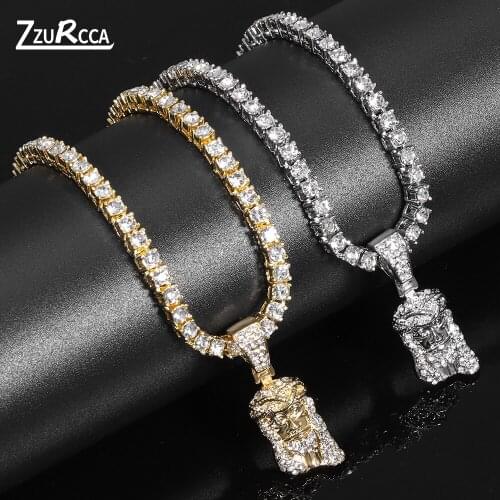 New Jesus Head Pendant Necklace with Bling Rhinestone Cuban Link Chain Men Women Necklace Charm Jewelry Accessory