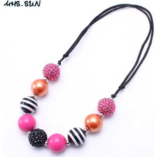 MHS.SUN 2PCS Newest Hot Pink Kid Chunky Necklace Fashion Adjusted Rope Bubblegum Chunky Bead Necklace Girl Children Jewelry