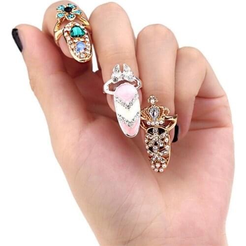 Charm Crown Flower Crystal Finger Nail Rings Women Lady Rhinestone Fingernail Protective Bowknot Nail Ring Wedding Party Jewelry
