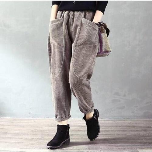 Autumn New Arts Style Women Elastic Waist Loose Pants All-matched Casual Corduroy Vintage Harem Pants Plus Size Trousers