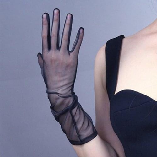 Sexy Lace Elastic Driving Sunscreen Gloves 38cm Women Summer Thin Long Black Gauze Anti-UV Transparent Opera Party Glove