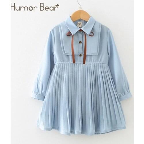 Humor Bear Baby Girls Dress New College Style Student Spring & Autumn Bow Long Sleeve Dress Kids Clothing Princess Dresses