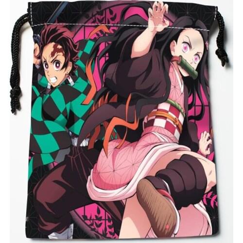 Custom Kimetsu no Yaiba Drawstring Bags Wedding Party Christmas Gift Pouches Packing 18x22cm Satin Fabric Storage Bag 0303