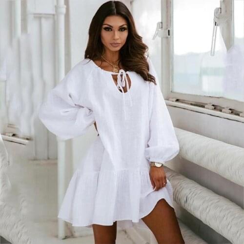 Casual Loose Mini Dress Spring Elegant Ladies Ruffles Lace-Up Long Sleeve Party Dress For Woman 2021 Office Women Dresses Femme