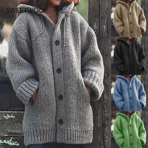 Plus Size Women Jacket Thick Sweater Coat Warm Knit Outerwear Autumn Winter Long Hooded Cardigan Sweater