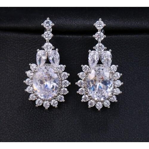 KSRA Luxury Crystal Cluster Drop Zirconia Wedding Earrings For Women Sparkle Romantic Bride Bridesmaid Jewelry Accessories Gift