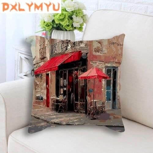 Street, Bus, City Scenery Painting Couch Cushion Decorative Pillows Linen 45x45cm Seat Back Cushions Bedding Pillowcase