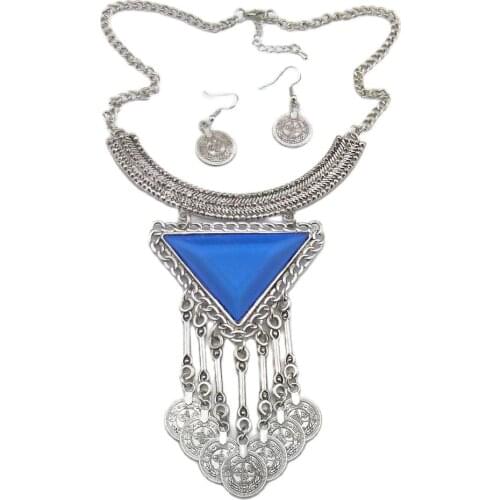 Bohemian Crescent Resin Gem Triangle Coin Tassel Bib Necklace Earrings Set Retro Silver Tribal Turkish Gypsy Jewelry