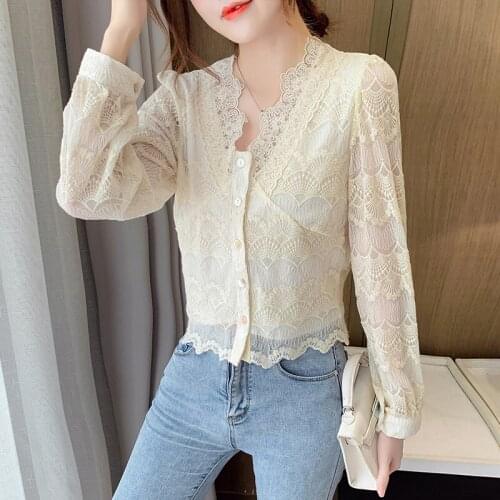 Korean fashion clothing Korean version 2020 New Hollow Flowers Long Sleeve Women Shirt V-Neck Lace Blouse Shirt Woman Tops 125