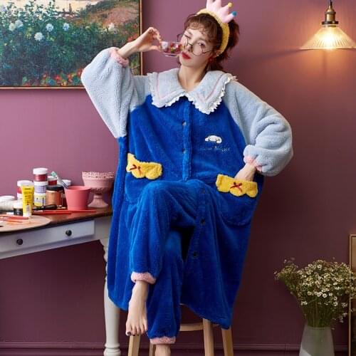 Women Sleepwear Winter Pyjamas Skirt Pajama Set Long Johns Cartoon Maxiskit Loose Version Warm Pajamas X-large Coral Night