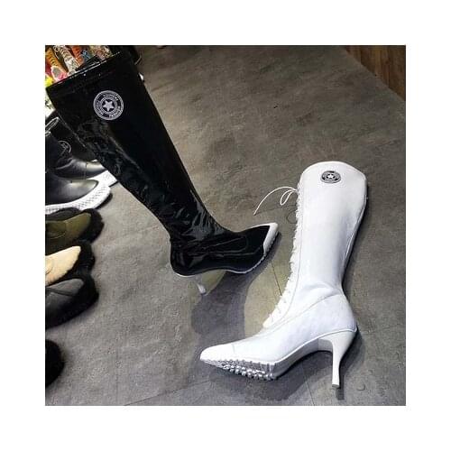 2020 HOT Women Boot High Boots Patent Leather High Heels 8CM Over The Knee Female Boots Fashion Spring Shoes Boot Women White