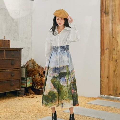 2021 Spring Korean Fashion Landscape Pattern Printing Lpel Stretch High Waist Long Women Sweet Fairy Cute Chic Dress Female