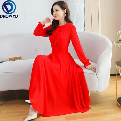 Autumn Winter Vintage Red Elegant Long-sleeve Dress Solid Women Bodycon Party Vestidos 2021 New Casual Chiffon Beach Maxi Dress