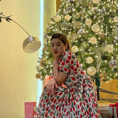 Women Loose Summer High Version Rose Print Sweet Dress Female Brand Slim Elegant Dress Ladies Casual Puff Sleeve Dresses ML151