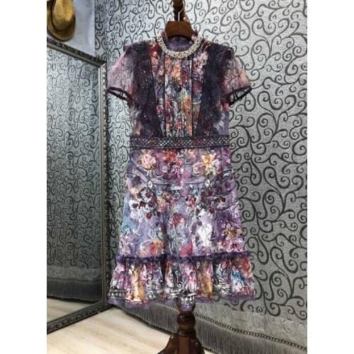 Top Quality New Summer Dress 2021 Fashion Designer Women Purple Floral Print Beading Deco Short Sleeve A-Line Vintage Dress XL