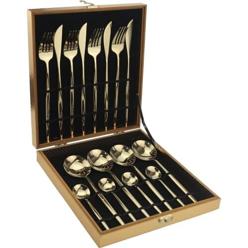 16Pcs 304 Stainless Steel Dinnerware Set Knife Fork Spoon Cutlery Set Kitchen Flatware Mirror Silverware With Gold Gife Box