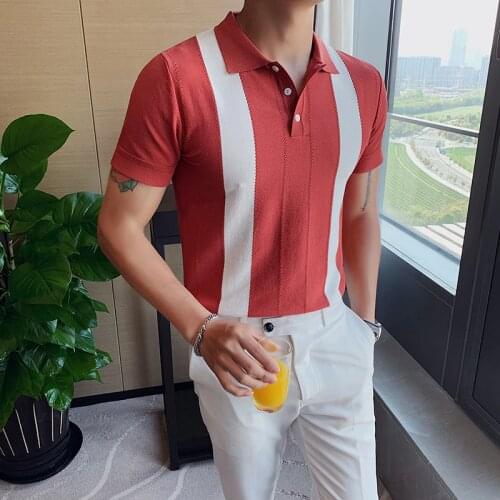 2020 Summer Mens Short-sleeved Knitted Casual POLO Shirts Contrast Color British Slim Lapel Ice Silk POLO Shirt Men Clothes