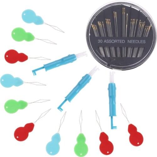 3pcs Automatic Needle Threader 10pcs Gourd Shaped Threaders with 30pcs Assorted Size Hand Sewing Needles