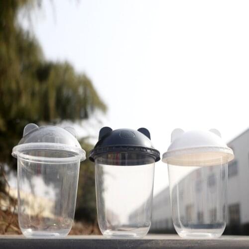 50pcs 95mm caliber U-shaped cup thick disposable milk tea plastic cup with panda cover juice coffee drink cup with covers